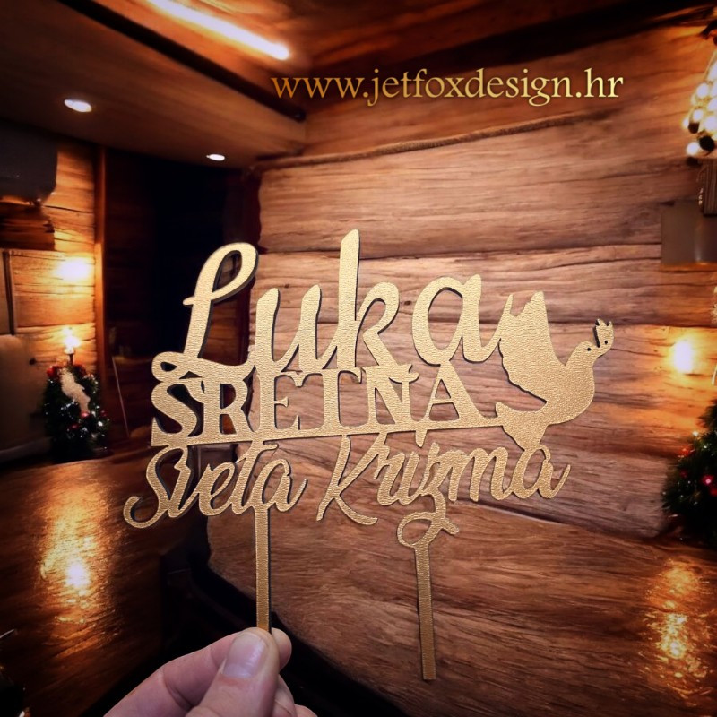 Personalizirani topper za tortu s imenom krizmanika i motivom golubice, savršen za svetu krizmu i duhovnu simboliku.