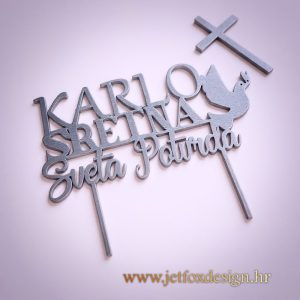 Personalizirani toper za svetu potvrdu s imenom djeteta, natpisom "Sretna sveta potvrda" i simbolom golubice.