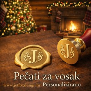 Pečat za vosak s inicijalima unutar dekorativnog okvira, idealan za personalizirane omotnice.