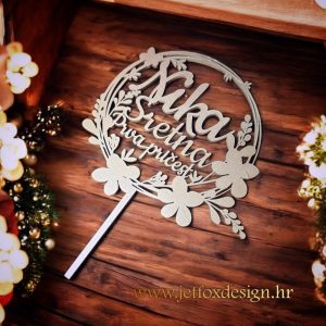 Personalizirani topper za svetu pričest s imenom u središtu vijenca, dostupan u zlatnoj, srebrnoj ili drugoj boji.