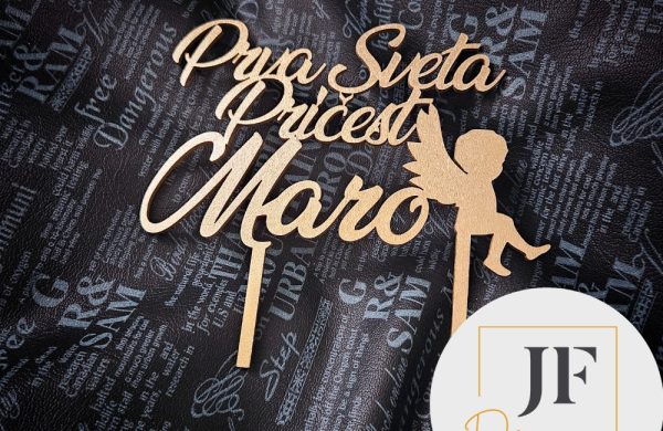 topper za pričest s anđelom i imenom u zlatnoj boji