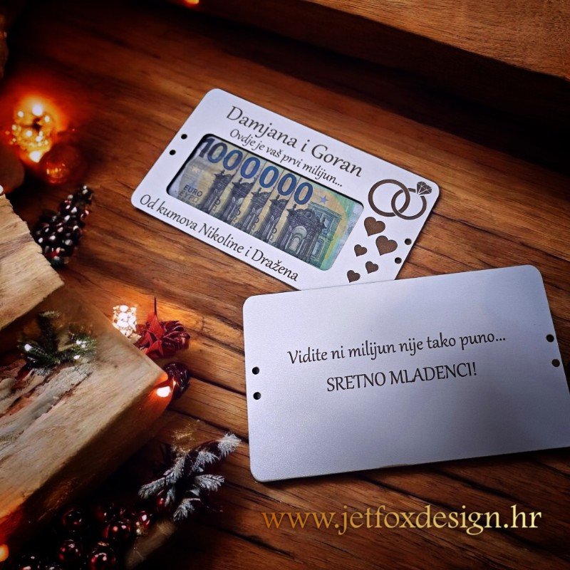 Unikatna vjenčana čestitka s utorom za novac i duhovitom porukom “Ni milion nije tako puno” – spoj šale i praktičnosti.