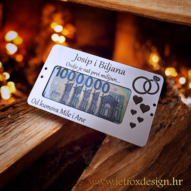 Šaljiva drvena čestitka za mladence s mjestom za novčanice i natpisom koji ostaje u sjećanju.