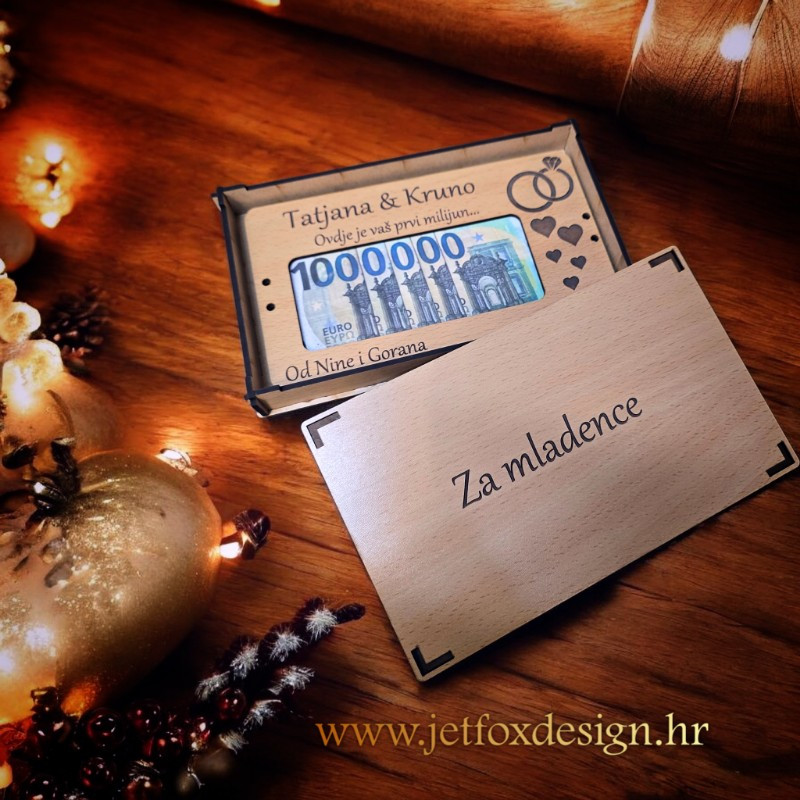 čestitka za vjenčanje s porukom “Vidite, ni milion nije tako puno” i utorom za novac – originalan i zabavan poklon za mladence.