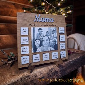 Personalizirani drveni okvir za mamu s fotografijom i natpisima koji prikazuju razloge zašto je volimo, jedinstvena uspomena za cijelu obitelj. Što pokloniti mami za Majčin dan?
