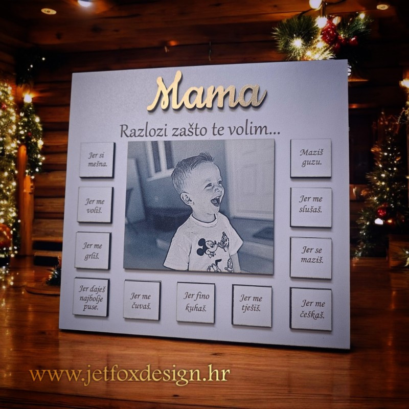 Dekoracija za Majčin dan s imenima djece, fotografijom i razlozima zašto volimo svoju mamu – personalizirani poklon za srce.