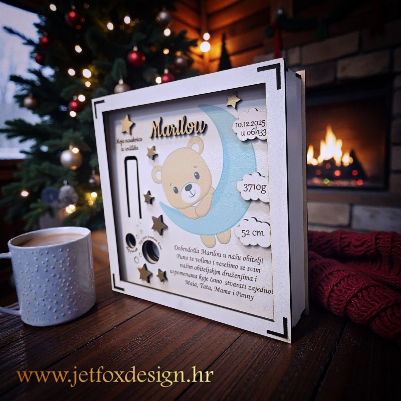 Personalizirani okvir uspomena s imenom djeteta, datumom i podacima rođenja – savršen poklon za rođenje bebe.