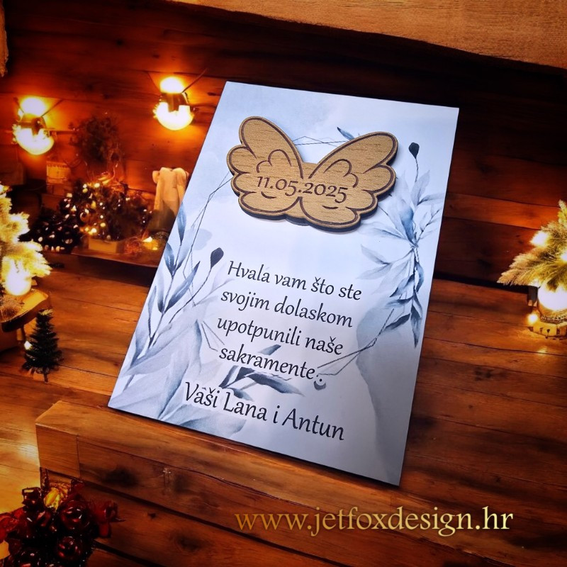 Što pokloniti gostima? Elegantni magnet u obliku krila anđela uz zahvalnicu s porukom i imenom slavljenika.