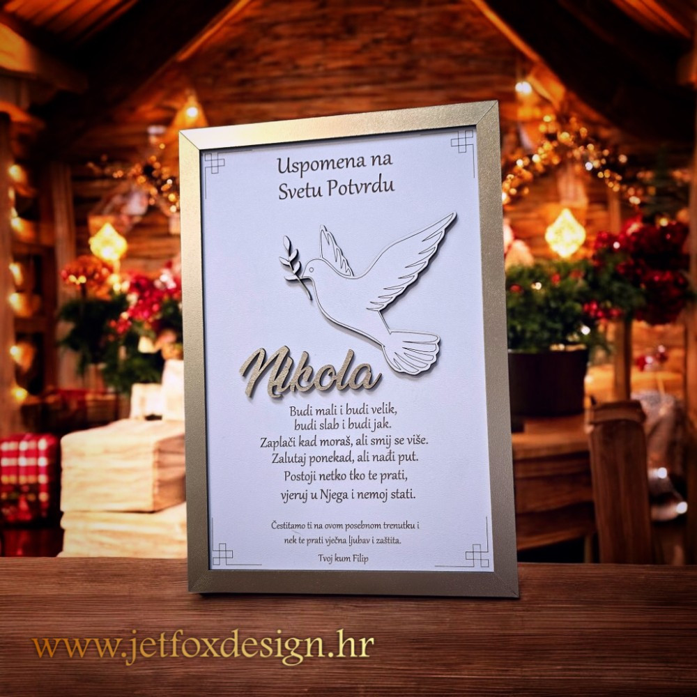 Personalizirani okvir uspomene s motivom golubice, imenom i posvetom za krštenje, idealan poklon od kuma ili kume.