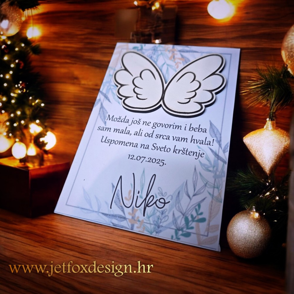 Zahvalnica s poklon magnetom u obliku anđeoskih krila, idealna uspomena za goste na krštenju, pričesti ili krizmi.