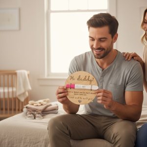 drvena okrugla čestitka s natpisom Postat ćeš otac i prostorom za test trudnoće