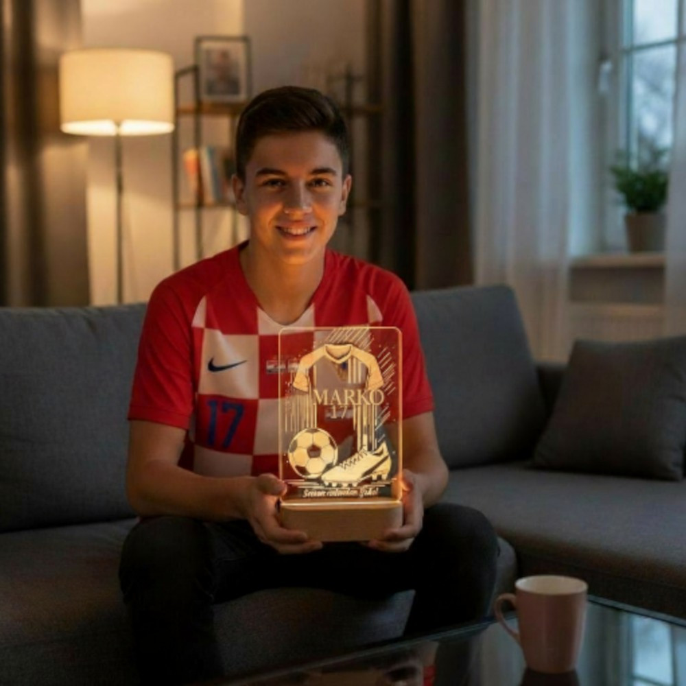 Svjetleća akrilna lampa s nogometnim motivom, imenom i posvetom, savršen poklon za nogometne fanove.