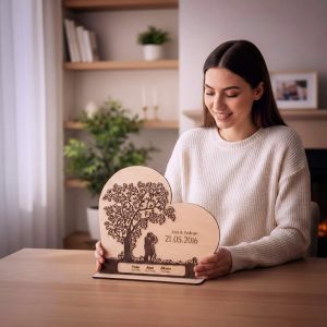 Personalizirana dekoracija u obliku srca s motivom zaljubljenog para i posvetom, idealan poklon za godišnjicu i Valentinovo.