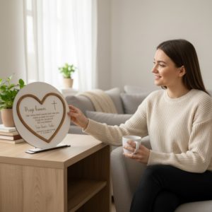 Drvena dekoracija sa srcem i imenom djeteta, simboličan poklon za crkvene sakramente.