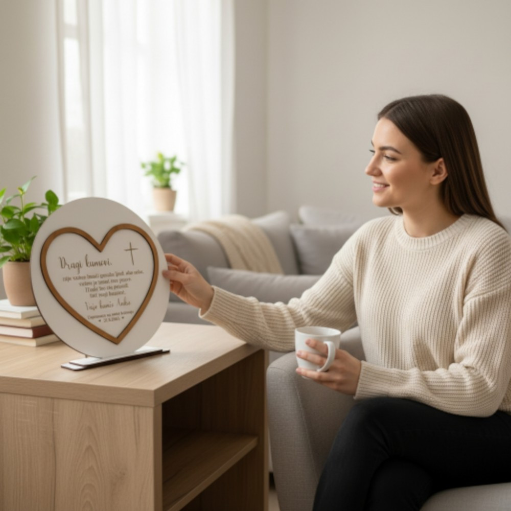 Drvena dekoracija sa srcem i imenom djeteta, simboličan poklon za crkvene sakramente.