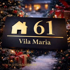 Dizajnerski kućni broj s ikonom kuće i istaknutim nazivom doma – što pokloniti za novi dom koji želi prepoznatljiv ulaz?