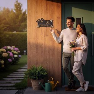 Elegantni kućni broj s prezimenom i motivom doma i prirode na fasadi kuće – što pokloniti za useljenje u novu kuću