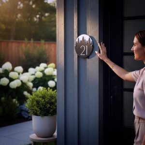 Okrugli kućni broj s motivom šume na fasadi kuće u prirodi – što pokloniti za novi dom u skladu s prirodom