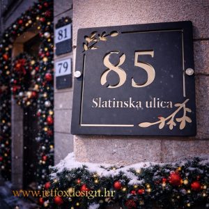 Kvadratni kućni broj od akrila s brojem i nazivom ulice uokviren motivom grana masline – tražite li elegantan kućni broj koji ostavlja prvi dojam?