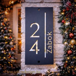 Moderni kućni broj s vertikalnom linijom i minimalističkim dizajnom na tamnoj podlozi – što pokloniti za useljenje u moderan dom?