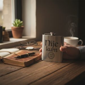 Pljoska za piće s personaliziranom gravurom i duhovitim tekstom, originalan poklon za kuma.