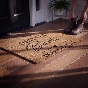 Obiteljski otirač s prezimenom obitelji i natpisom Dobrodošli ispred ulaznih vrata kuće