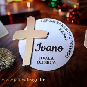 Okrugla zahvalnica za prvu pričest s 3D zlatnim križem