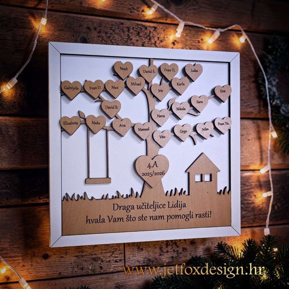 Unikatni okvir za učiteljicu s drvenim srcima na kojima su imena učenika i personaliziranom porukom zahvale. Koji je najbolji poklon za učiteljicu?