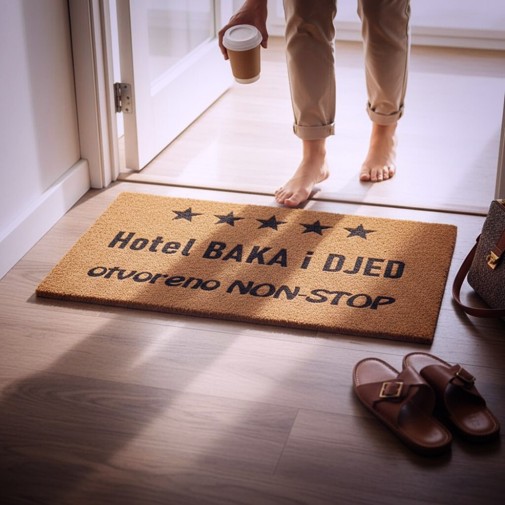 Otirač s natpisom Hotel baka i djed, personalizirani kućni otirač s mogućnošću dodavanja imena ili poruke