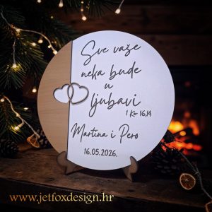 Personalizirana drvena dekoracija za vjenčanje s imenima mladenaca, datumom i biblijskim citatom "Sve vaše neka bude u ljubavi". Što pokloniti mladencima za vjenčanje?