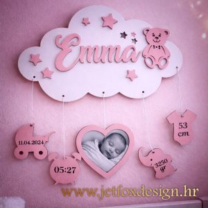 Što pokloniti za rođenje bebe? Personalizirana drvena dekoracija u obliku oblaka s imenom bebe, fotografijom i podacima rođenja