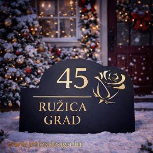Personalizirani kućni broj sa stiliziranim motivom ruže i elegantnim zlatnim detaljima za privatni dom