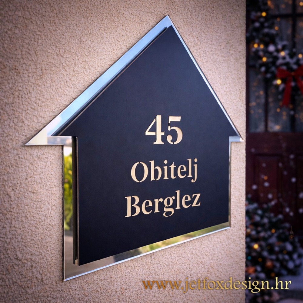 Personalizirani kućni broj u obliku kućice s modernim linijama i elegantnim kontrastom boja za privatni dom