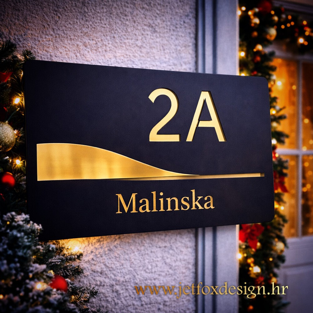 Personalizirani kućni broj s valovitim motivom i elegantnim zlatnim detaljem za kuću, vilu ili apartman