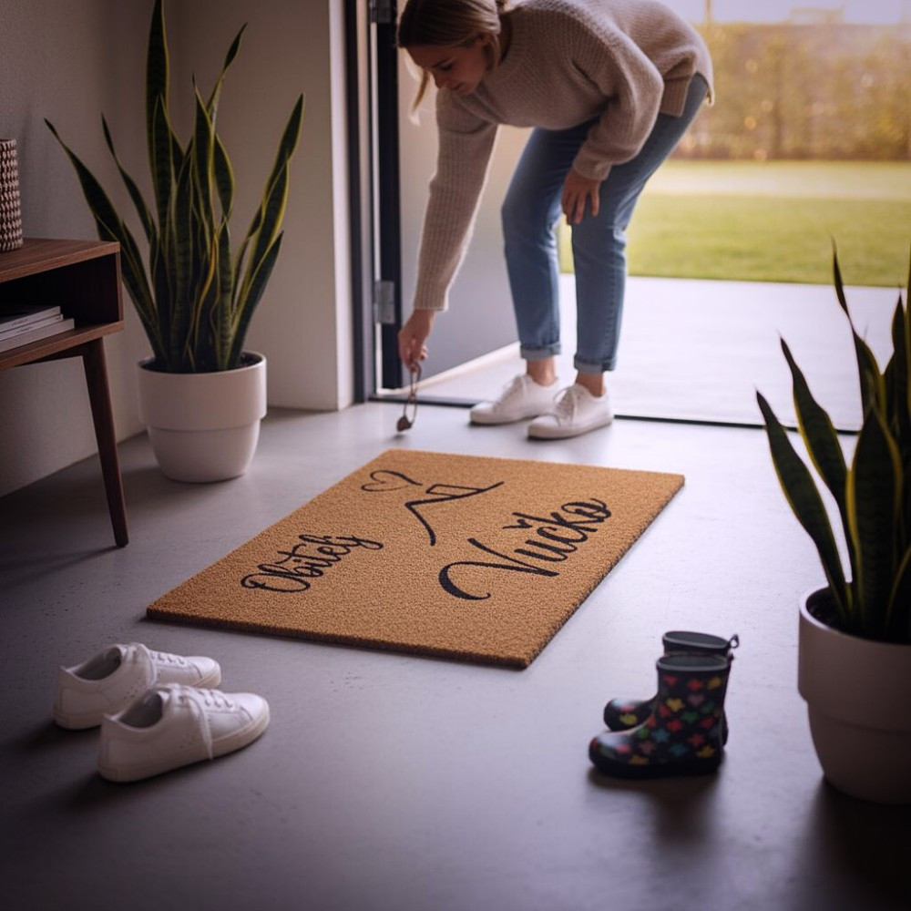 Otirač s prezimenom obitelji i kućicom kao topla dobrodošlica ispred kuće ili stana