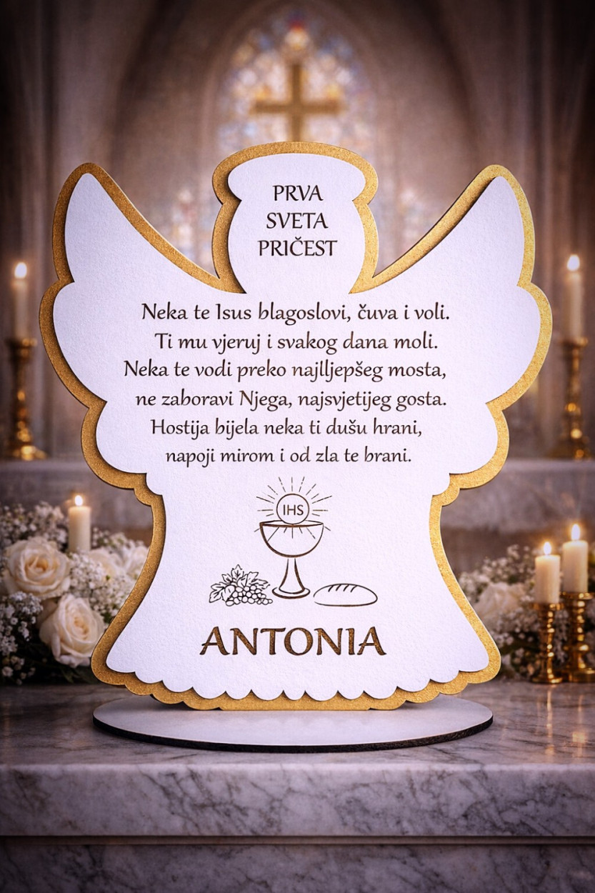 Što pokloniti djetetu za prvu pričest? Stolna personalizirana dekoracija s anđelom, kaležom i imenom, trajna uspomena na svetu pričest