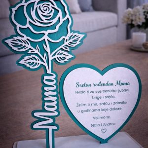 Što pokloniti mami za rođendan? Personalizirana stolna dekoracija s ružom, srcem i posvetom, emotivan poklon za majku