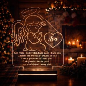 Akrilna LED lampa s 3D efektom anđela koji moli, personalizirana imenom i posvetom – tražiš li poseban poklon s duhovnim značenjem?