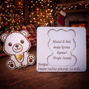 Pitalica medo sa srcem nježan je i emotivan način postavljanja pitanja za kumstvo. Personalizirana uspomena idealna za krštenje i posebne obiteljske trenutke.