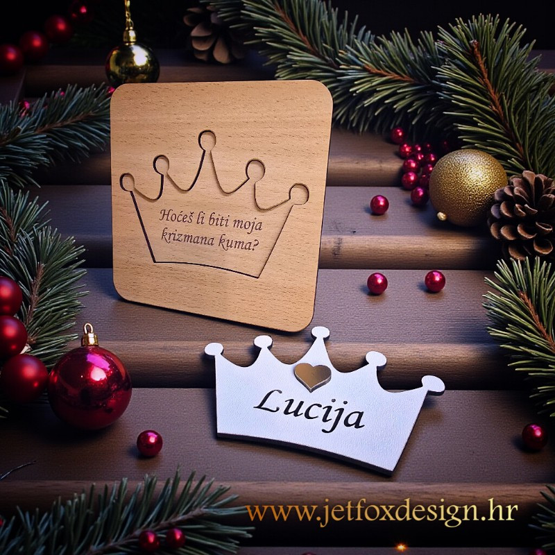 Čestitka u obliku krune s dvobojnim dizajnom i ugraviranim tekstom za kumstvo – originalna pitalica za posebnu osobu.