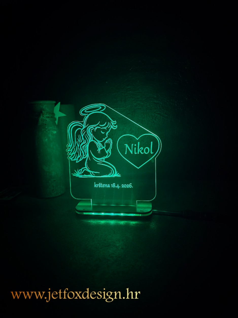 Personalizirana LED lampa s motivom anđela, imenom po želji i dirljivom posvetom, prekrasan poklon za krštenje i rođenje.