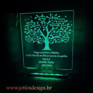 Personalizirana LED lampa s 3D efektom, motivom stabla života, imenima učenika i posvetom razrednici kao uspomena na kraj školske godine.