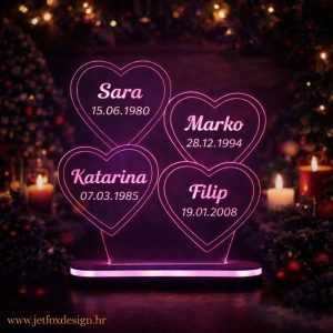 Akrilna LED lampa u obliku srca s imenima i osobnim tekstom – tražiš li poklon koji govori više od riječi?