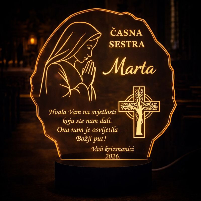 Akrilna lampa s motivom časne sestre, imenom i posvetom – tražiš li dostojanstven i poseban poklon s osobnim značenjem?