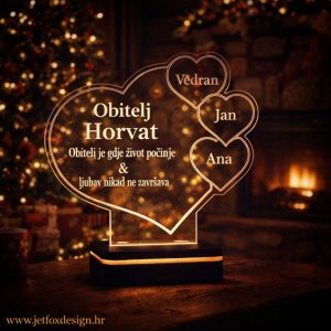 Akrilna LED obiteljska lampa sa srcima, imenima i tekstom kao simbol obitelji – tražiš li poklon koji ima pravo značenje?