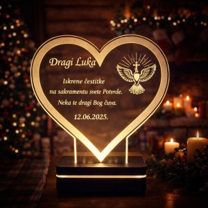 Akrilna LED lampa srce s golubicom i 3D efektom, personalizirana imenom i tekstom – tražiš li poseban poklon za krizmu?
