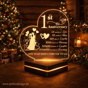3D LED lampa u obliku srca za prvu godišnjicu s romantičnom porukom i personalizacijom po želji – tražiš li poseban poklon za 1. godišnjicu?