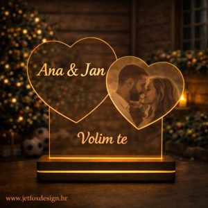 Akrilna lampa s dva povezana srca, imenima i posebnim tekstom po želji – želite li romantičan poklon koji će trajati godinama?