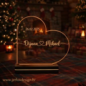 Akrilna LED lampa u obliku srca s imenima Dijana i Mihael te datumom 26.02.2025 – tražite li romantičan poklon za godišnjicu ili Valentinovo?