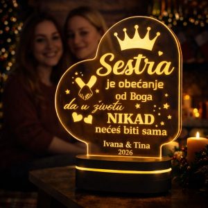Akrilna lampa za sestru s krunom i porukom “Sestra je obećanje od Boga” – što pokloniti sestri za rođendan da joj pokažete koliko vam znači?